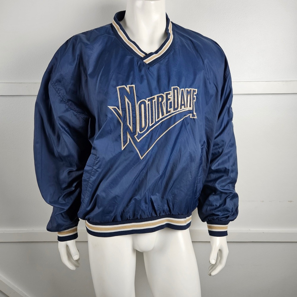 Vintage Chalk Line Notre Dame Fighting Irish Windbreaker XL Navy Blue V-Neck 90s